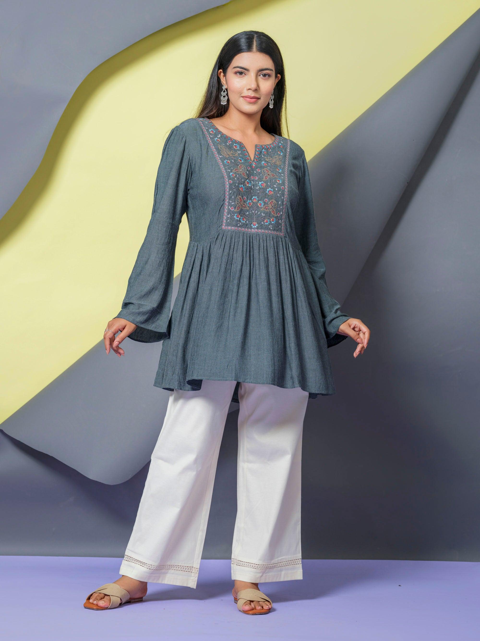 Crush Fabric Top With Embroidered Yoke Etiquette Apparel 6813
