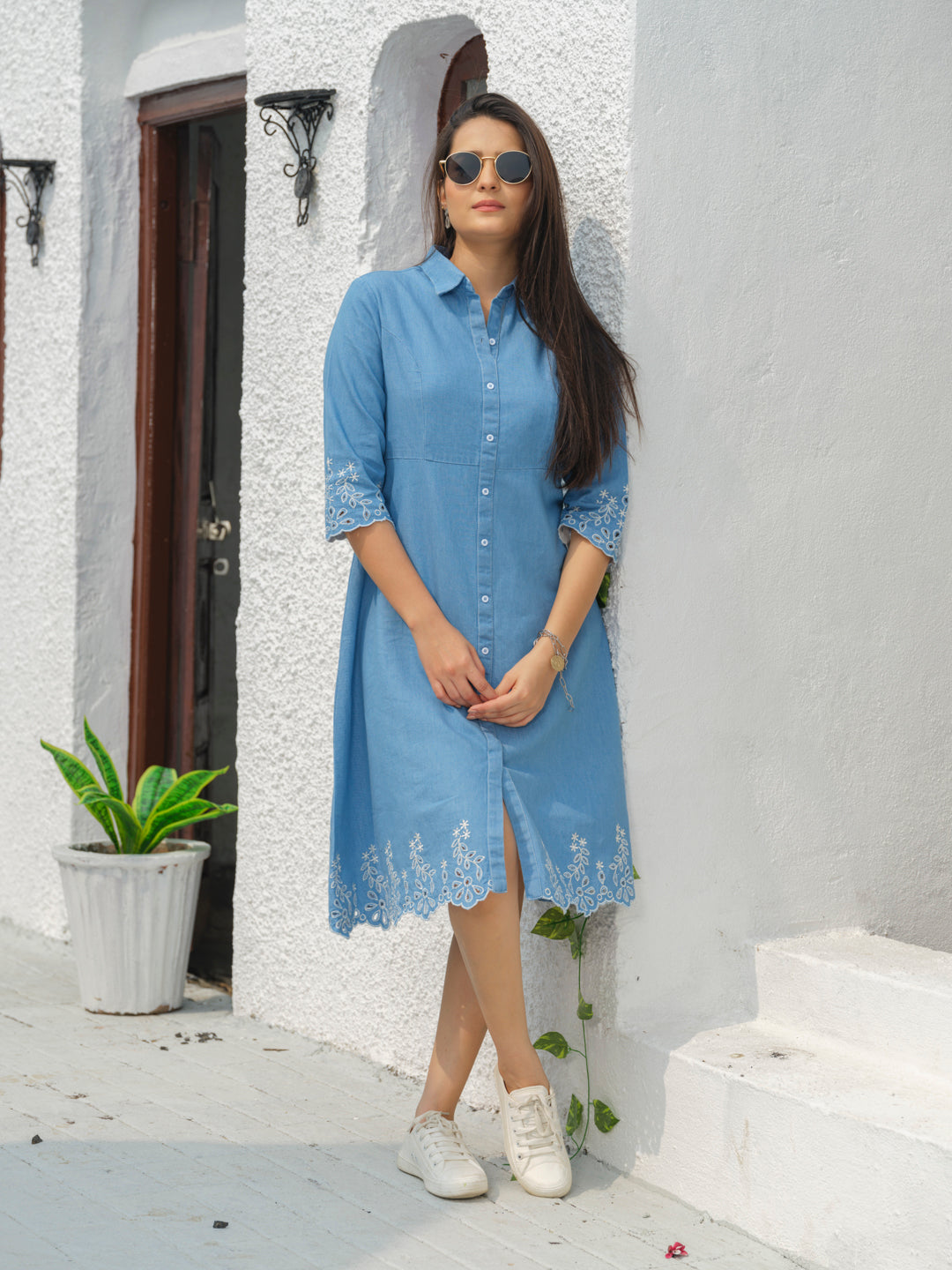 Indigo Denim Cutwork Dress - Etiquette Apparel