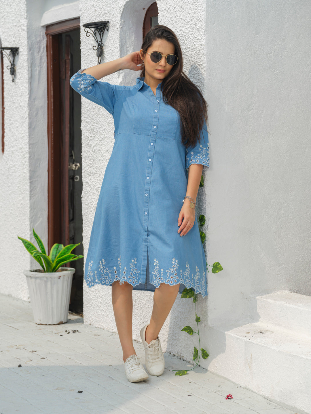 Indigo Denim Cutwork Dress - Etiquette Apparel 