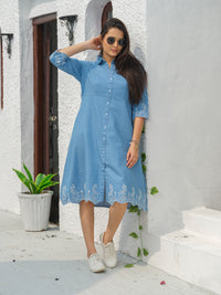 Indigo Denim Cutwork Dress - Etiquette Apparel