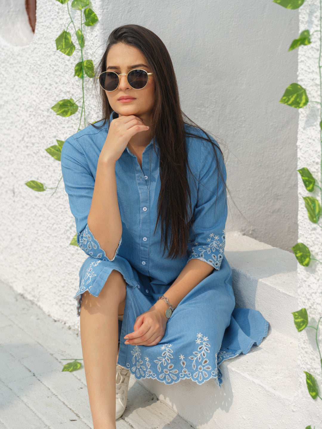 Indigo Denim Cutwork Dress - Etiquette Apparel