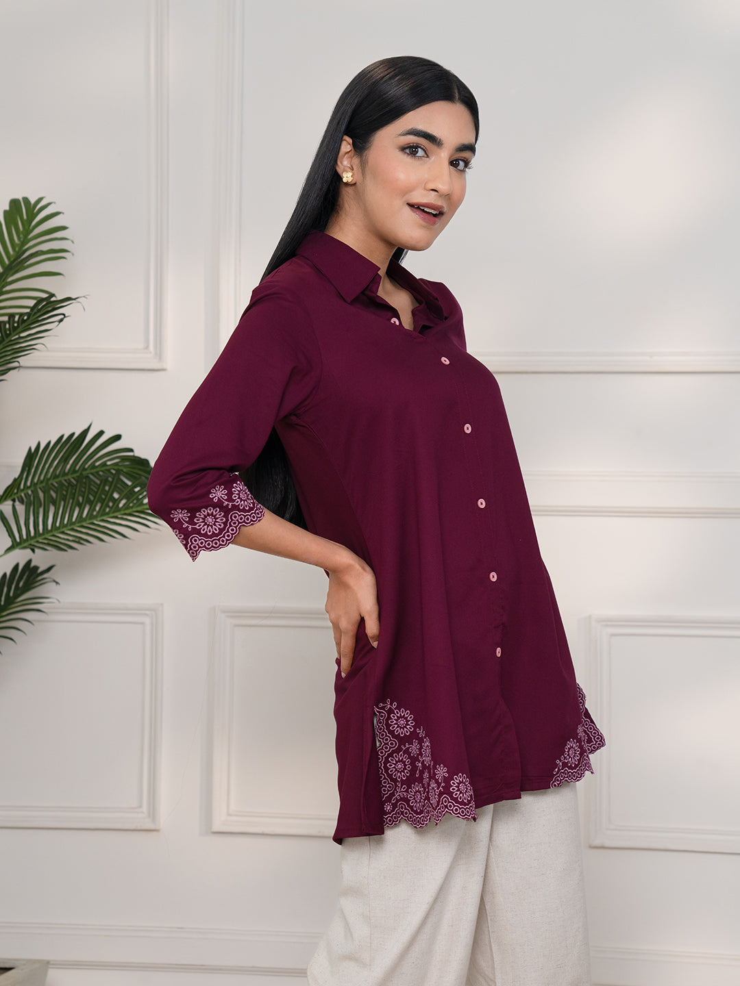 Solid Colored Top With Cutwork Embroidery Details - Etiquette Apparel 