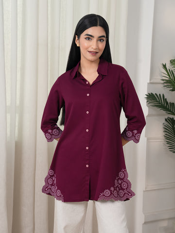Solid Colored Top With Cutwork Embroidery Details - Etiquette Apparel 