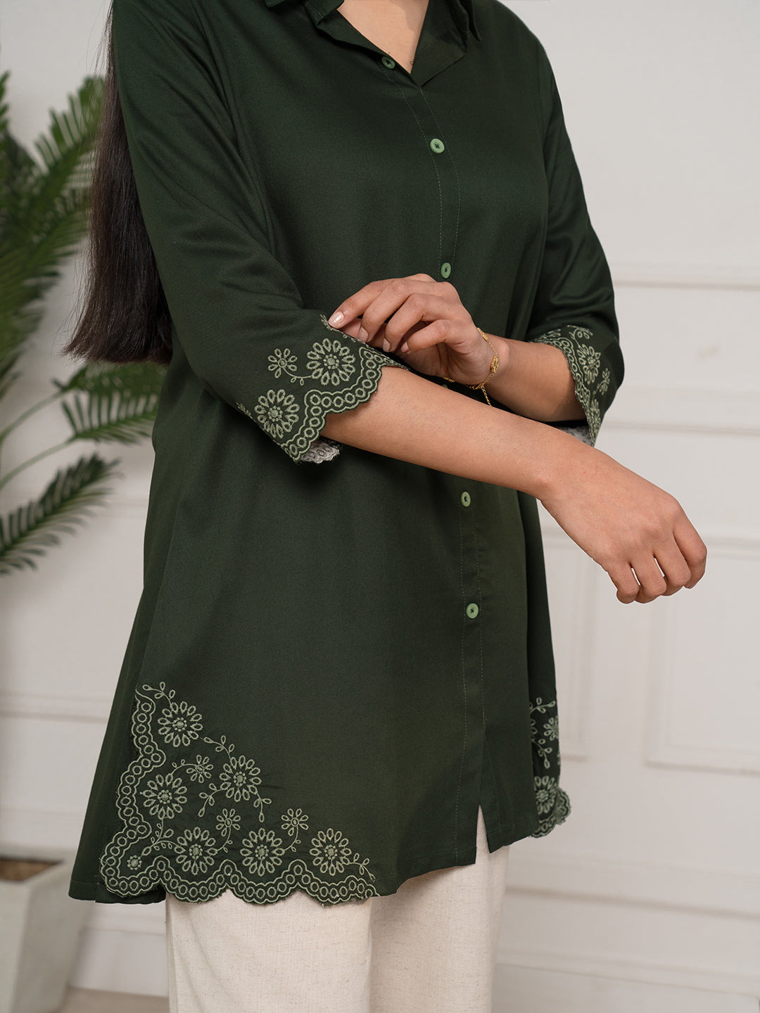 Solid Colored Top With Cutwork Embroidery Details