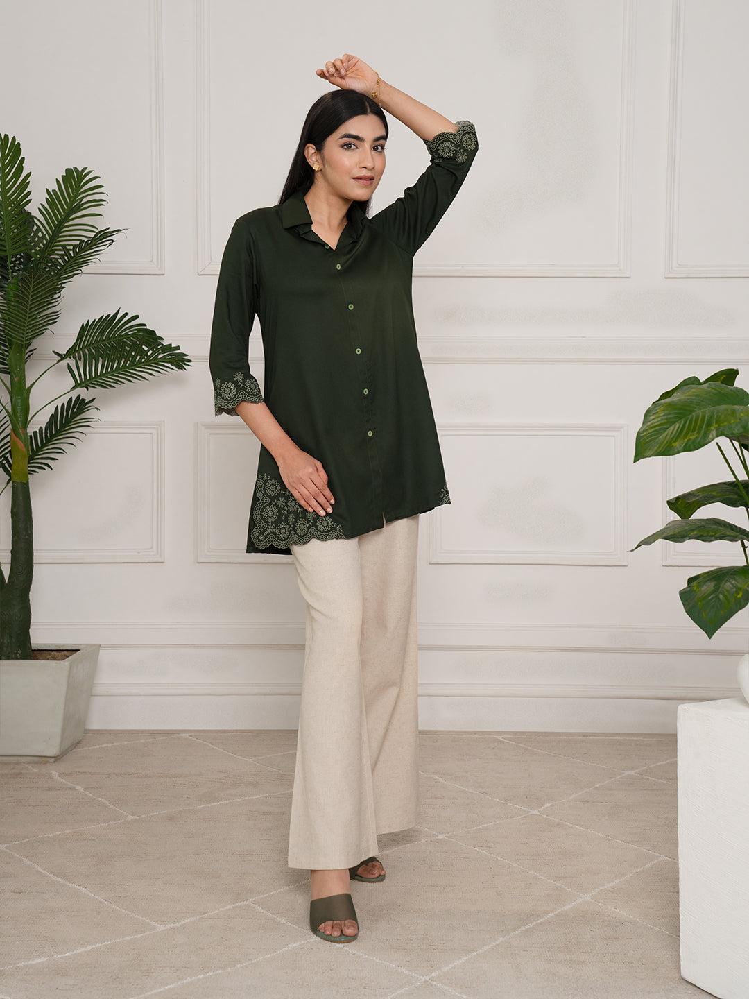 Solid Colored Top With Cutwork Embroidery Details - Etiquette Apparel 