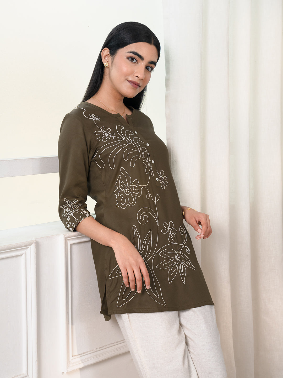 Product Carousel Image 3: Wool Embroidered Brown Short Top