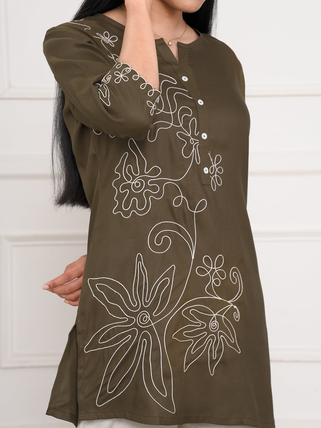 Wool Embroidered Brown Short Top