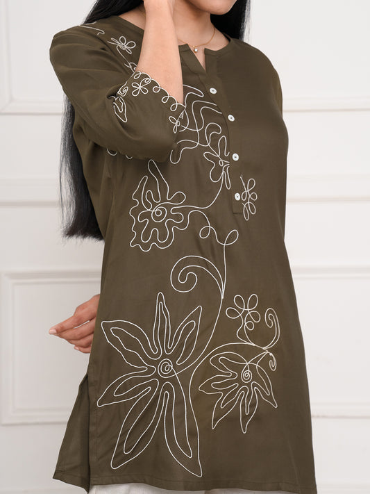 Wool Embroidered Brown Short Top - Etiquette Apparel