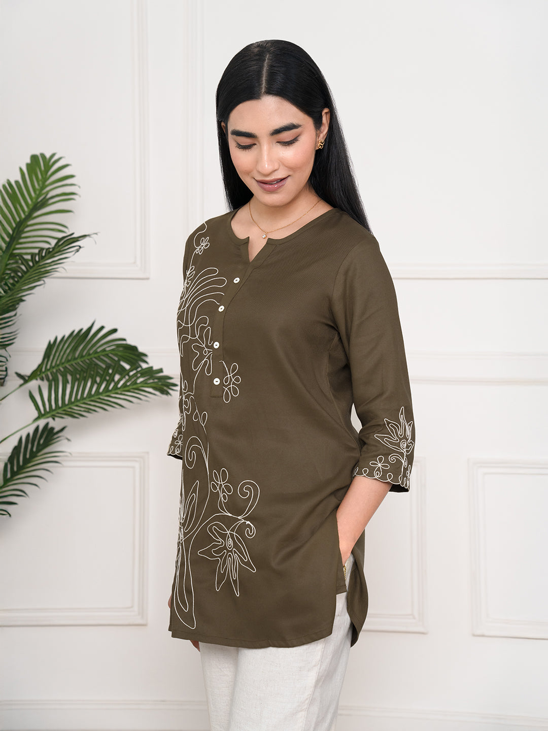 Product Carousel Image 4: Wool Embroidered Brown Short Top