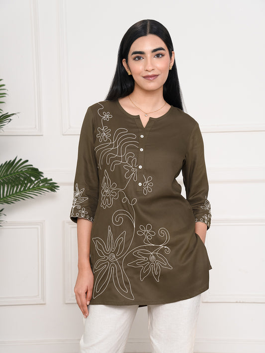 Wool Embroidered Brown Short Top - Etiquette Apparel