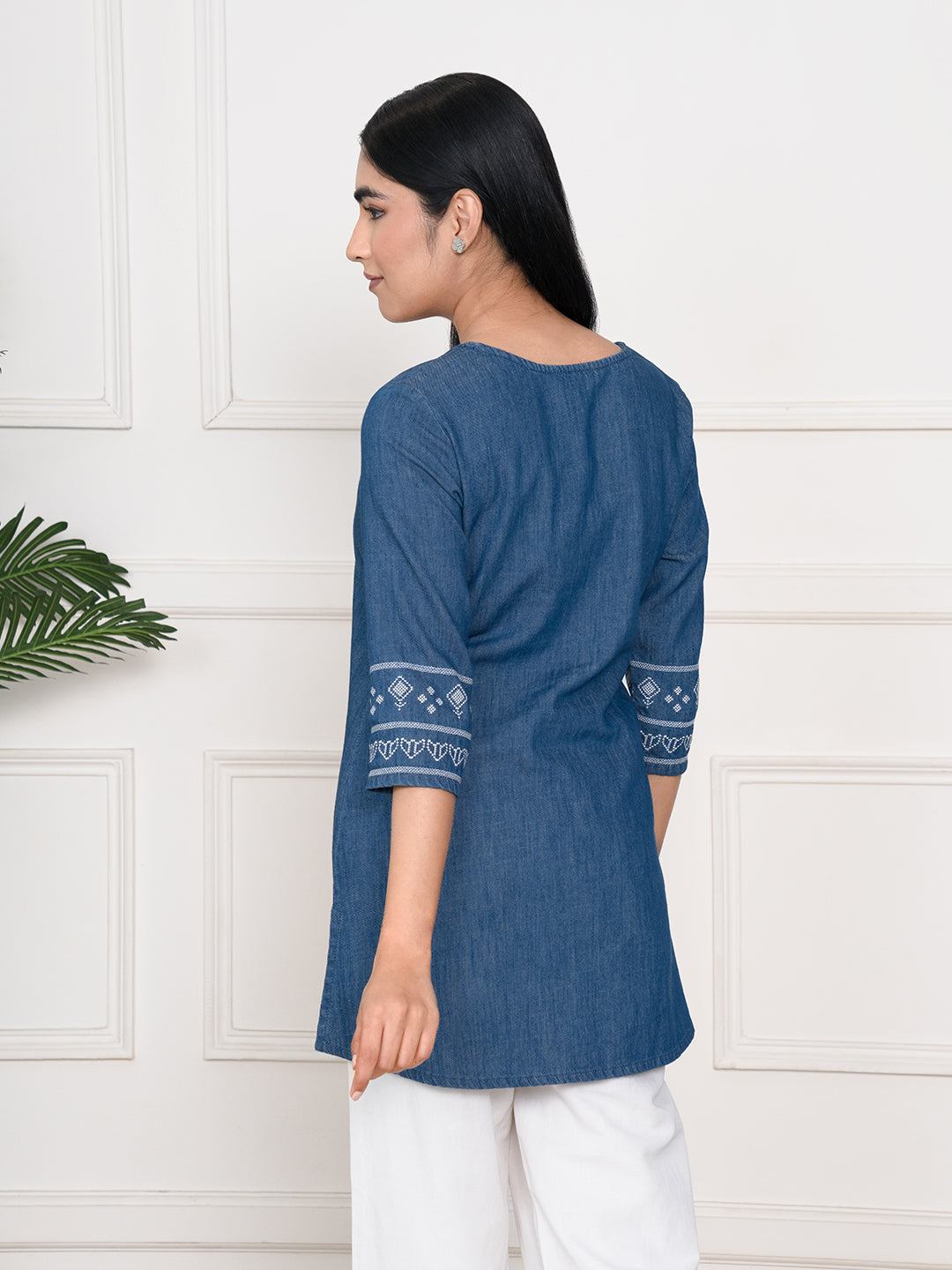 Cross Stitch Detailed Denim Indigo Top - Etiquette Apparel