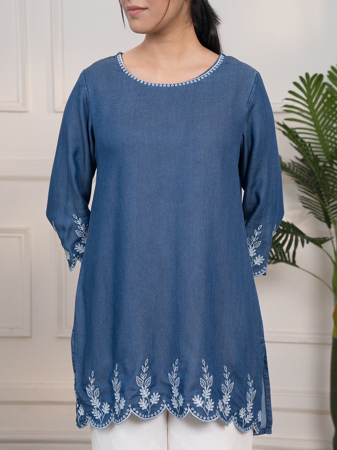 Scallop Cutwork Denim Indigo Top - Etiquette Apparel 