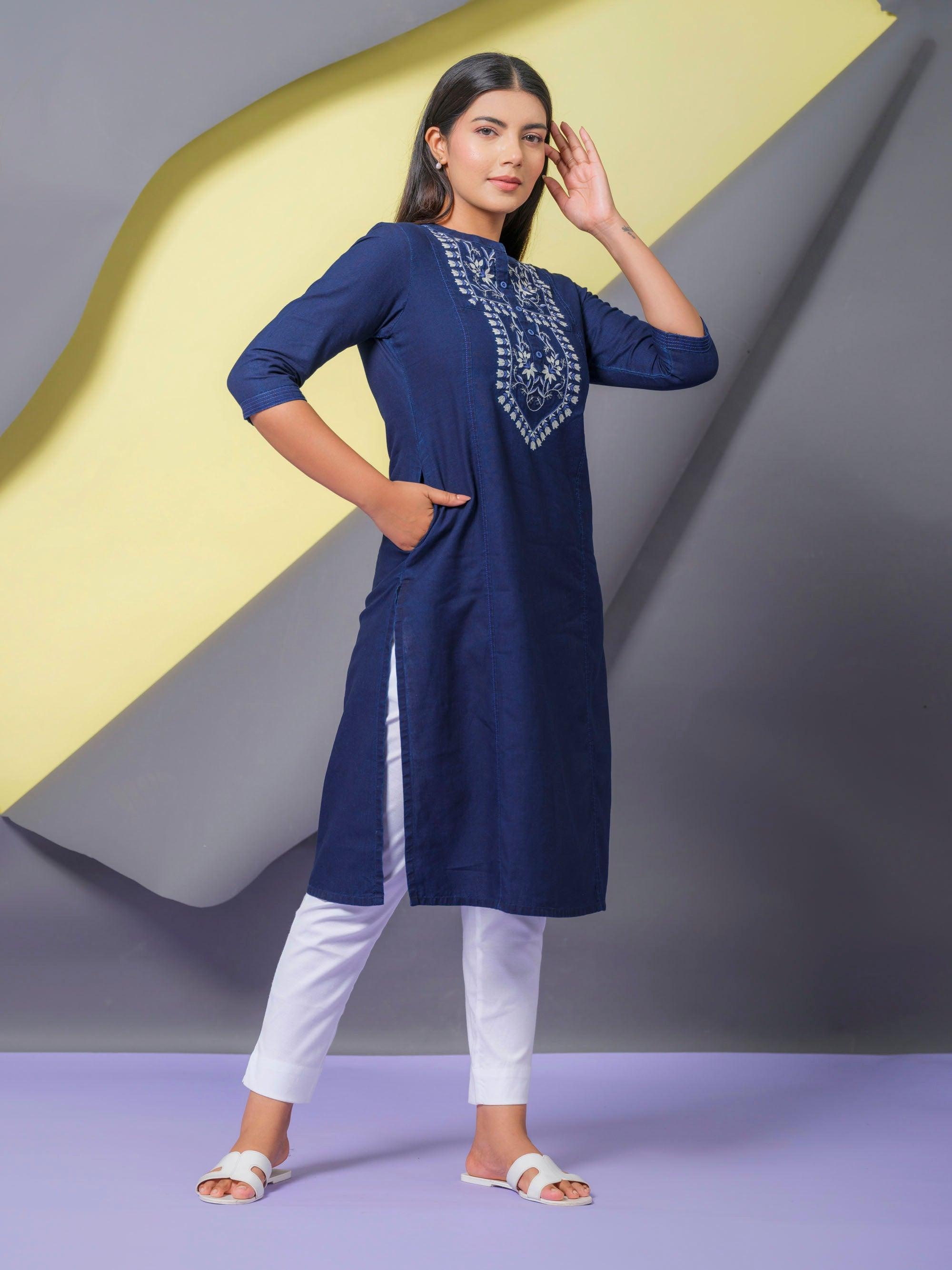 Buy BNDYA Embroidered Straight FIT Stylish Blue Denim Kurta Online In India  At Discounted Prices