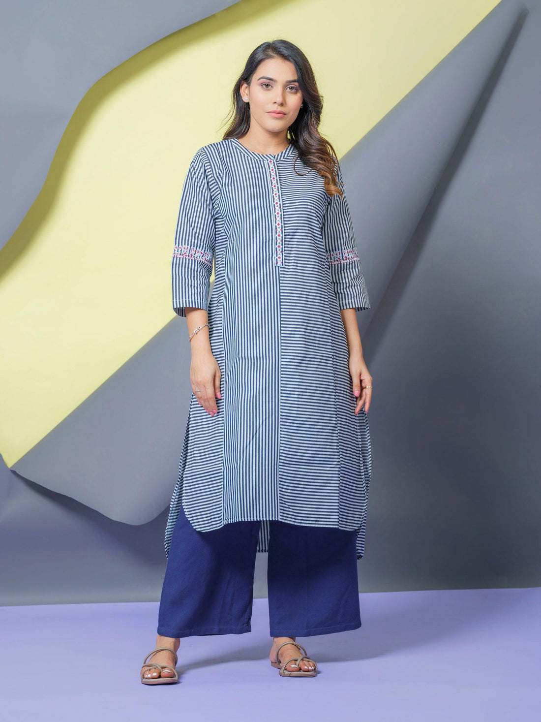 Denim Kurta With Neck and Sleeves Embroidery Etiquette Apparel