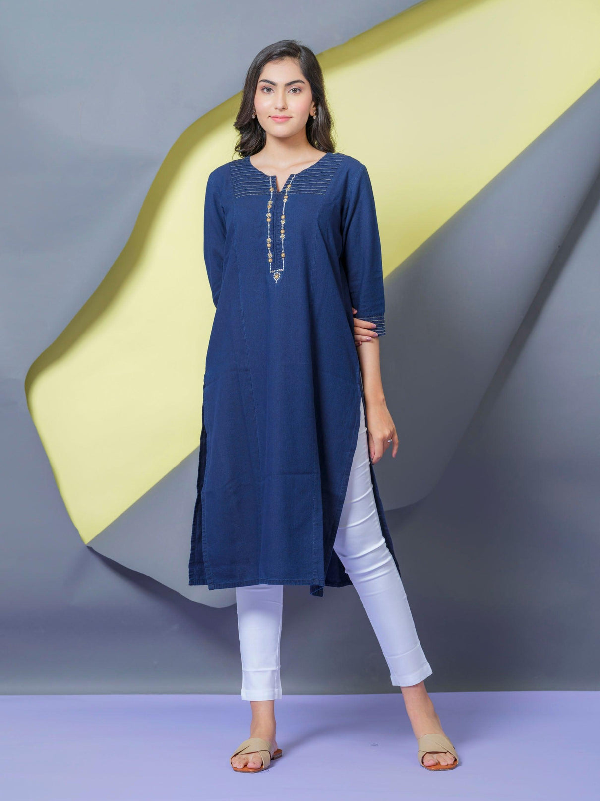 Denim Kurta With Tucks and Embroidery Details Etiquette Apparel