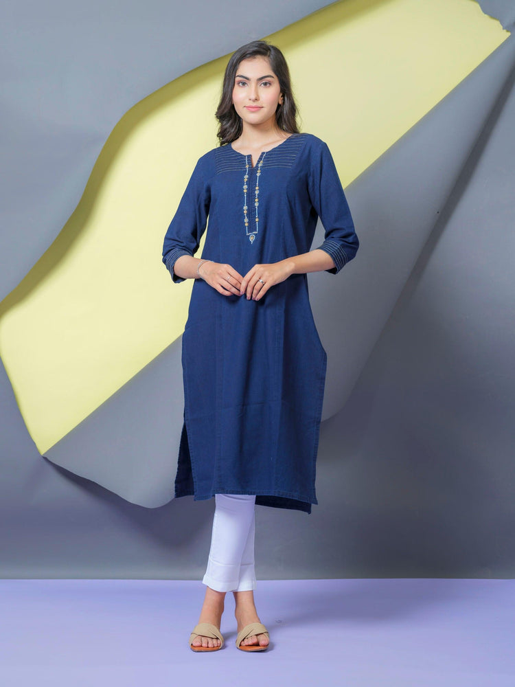 Denim Kurta With Tucks and Embroidery Details Etiquette Apparel