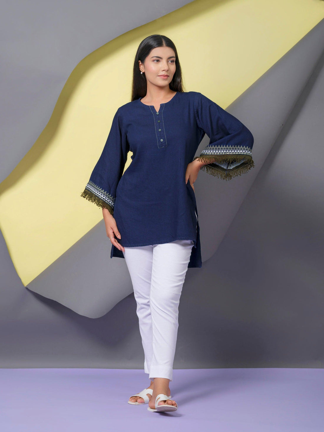 Denim Top With Embroidered Sleeves Etiquette Apparel