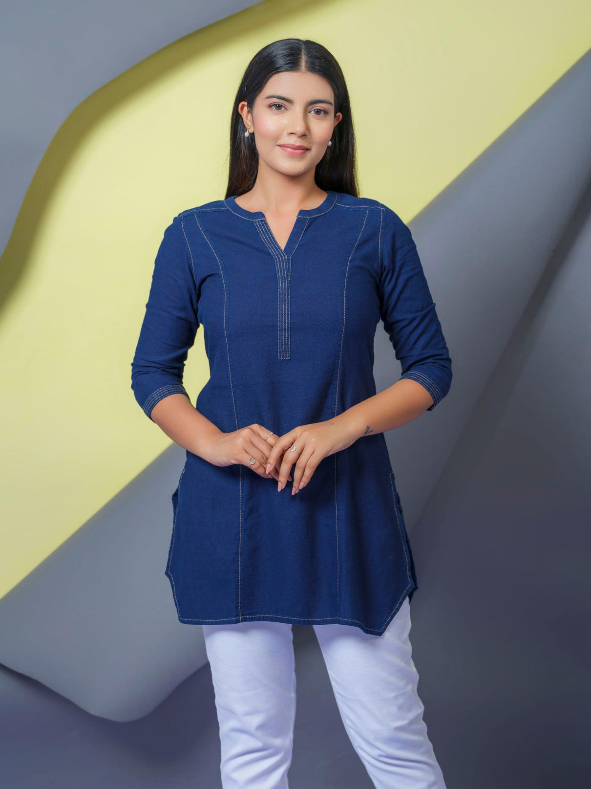 Denim Top With Top Stitch Details at Placket and Sleeves Etiquette Apparel