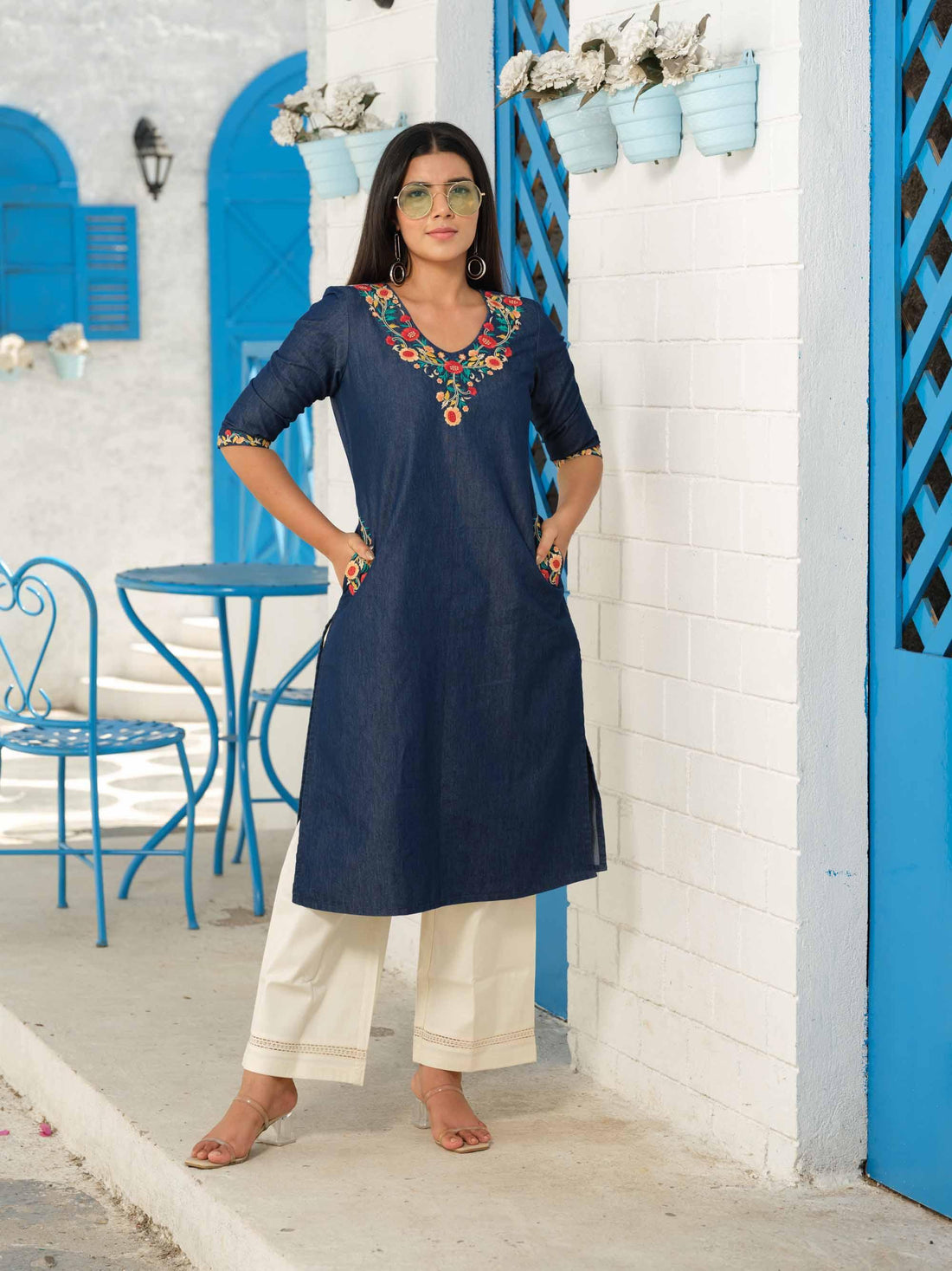 Denim kurta with multi colored embroidery - Etiquette Apparel 