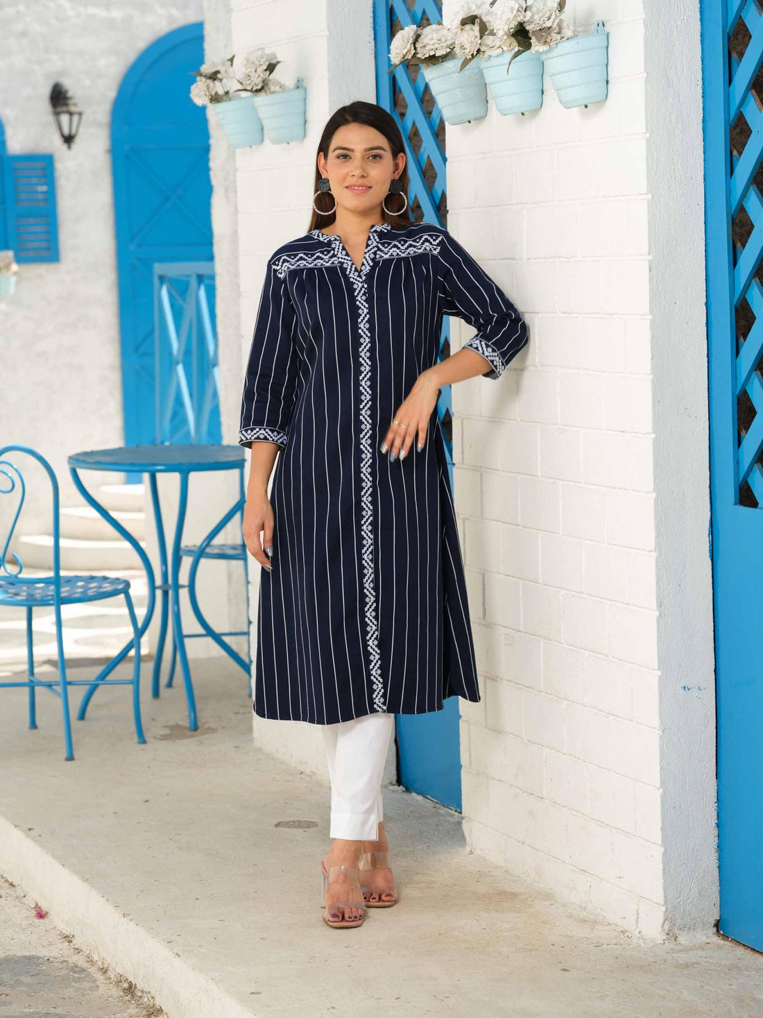 Denim stripe kurta with pocket details and cross stitch - Etiquette Apparel 