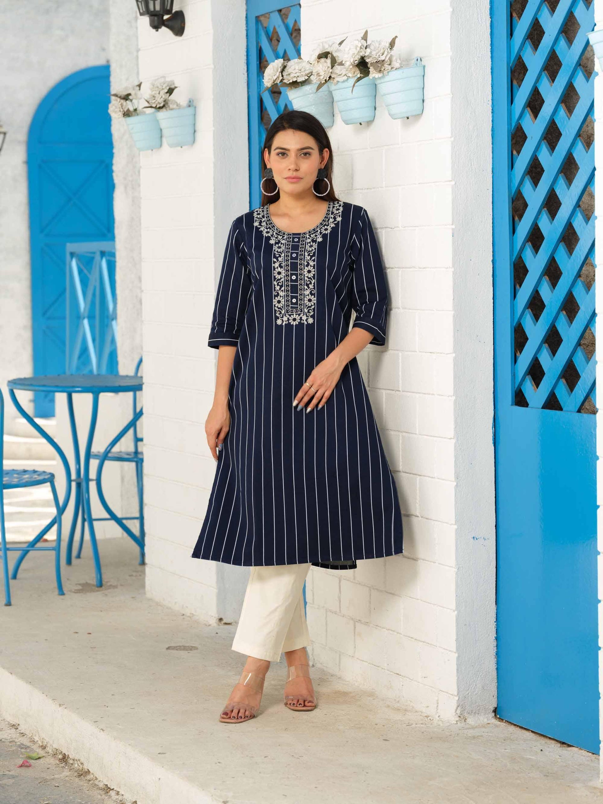 Denim stripe kurta with pocket details and embroidery - Etiquette Apparel 