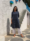 Denim stripe kurta with pocket details and embroidery - Etiquette Apparel 