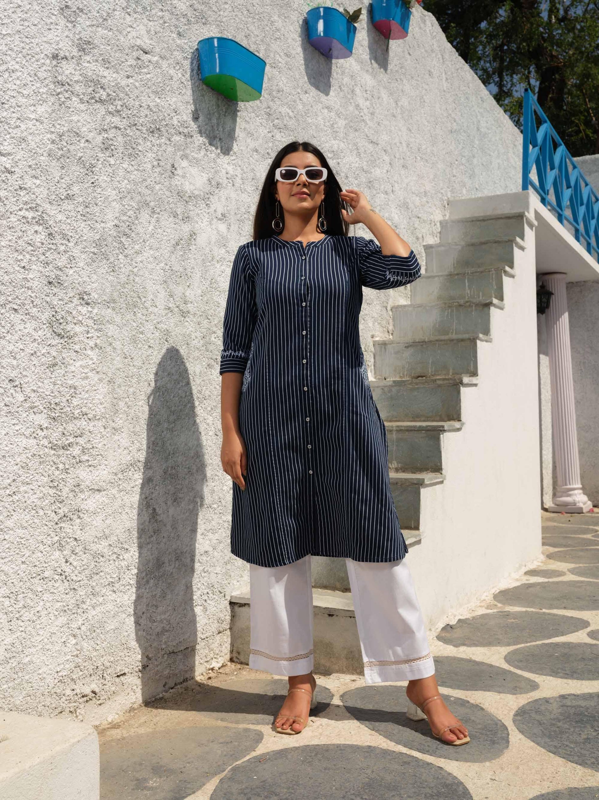 Denim stripe kurta with pocket details and embroidery - Etiquette Apparel 