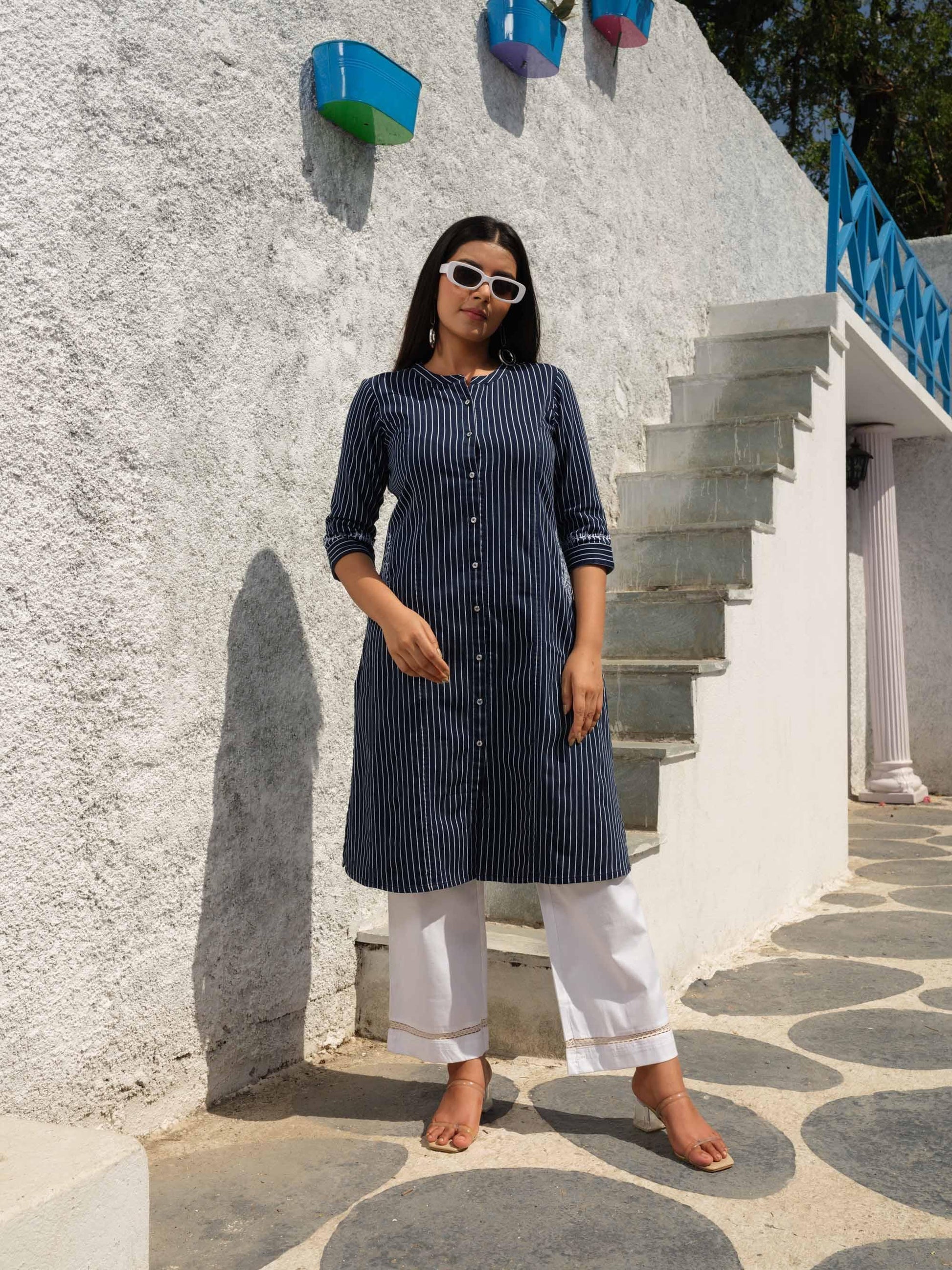 Denim stripe kurta with pocket details and embroidery - Etiquette Apparel 