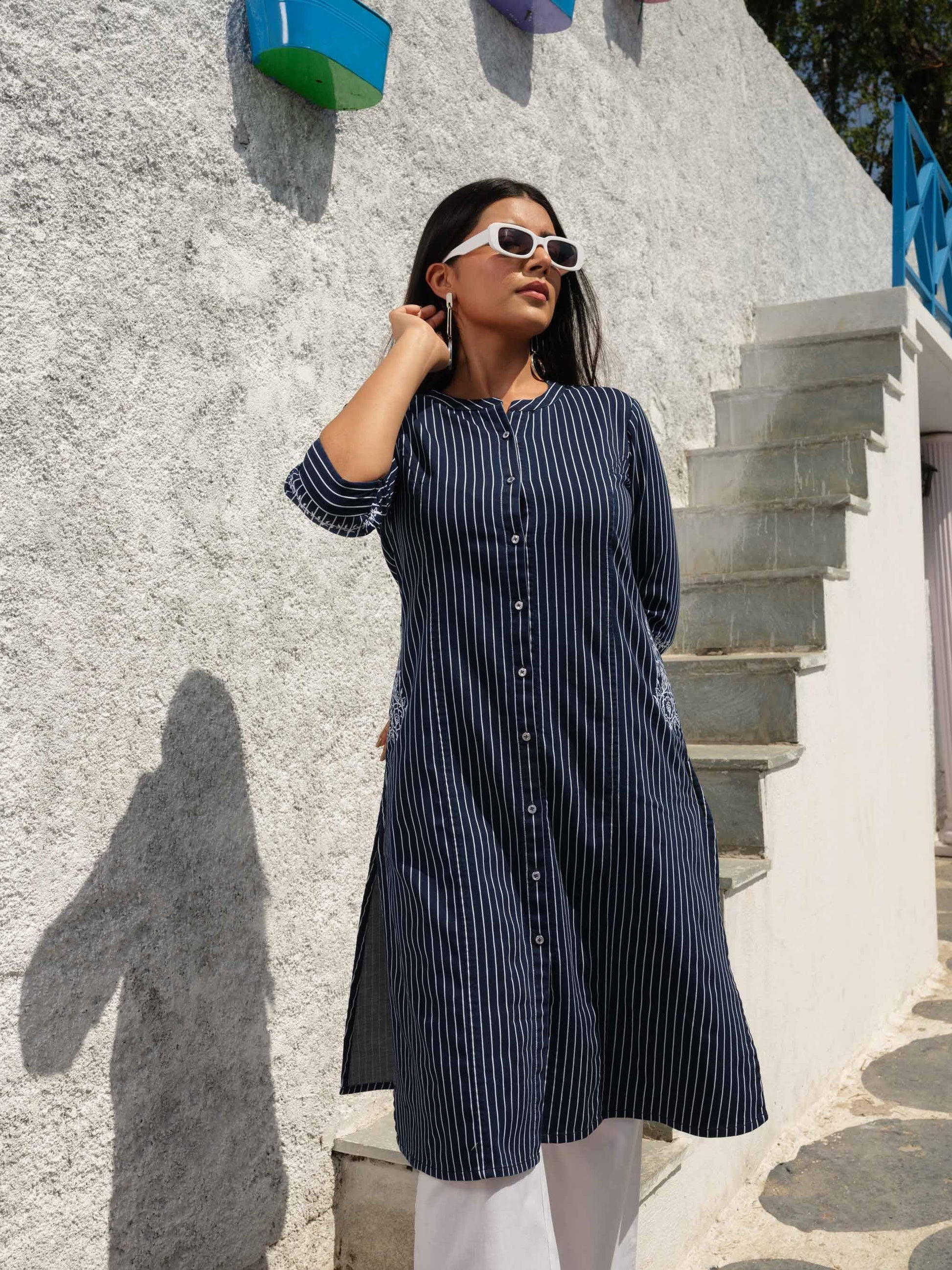 Denim stripe kurta with pocket details and embroidery - Etiquette Apparel 