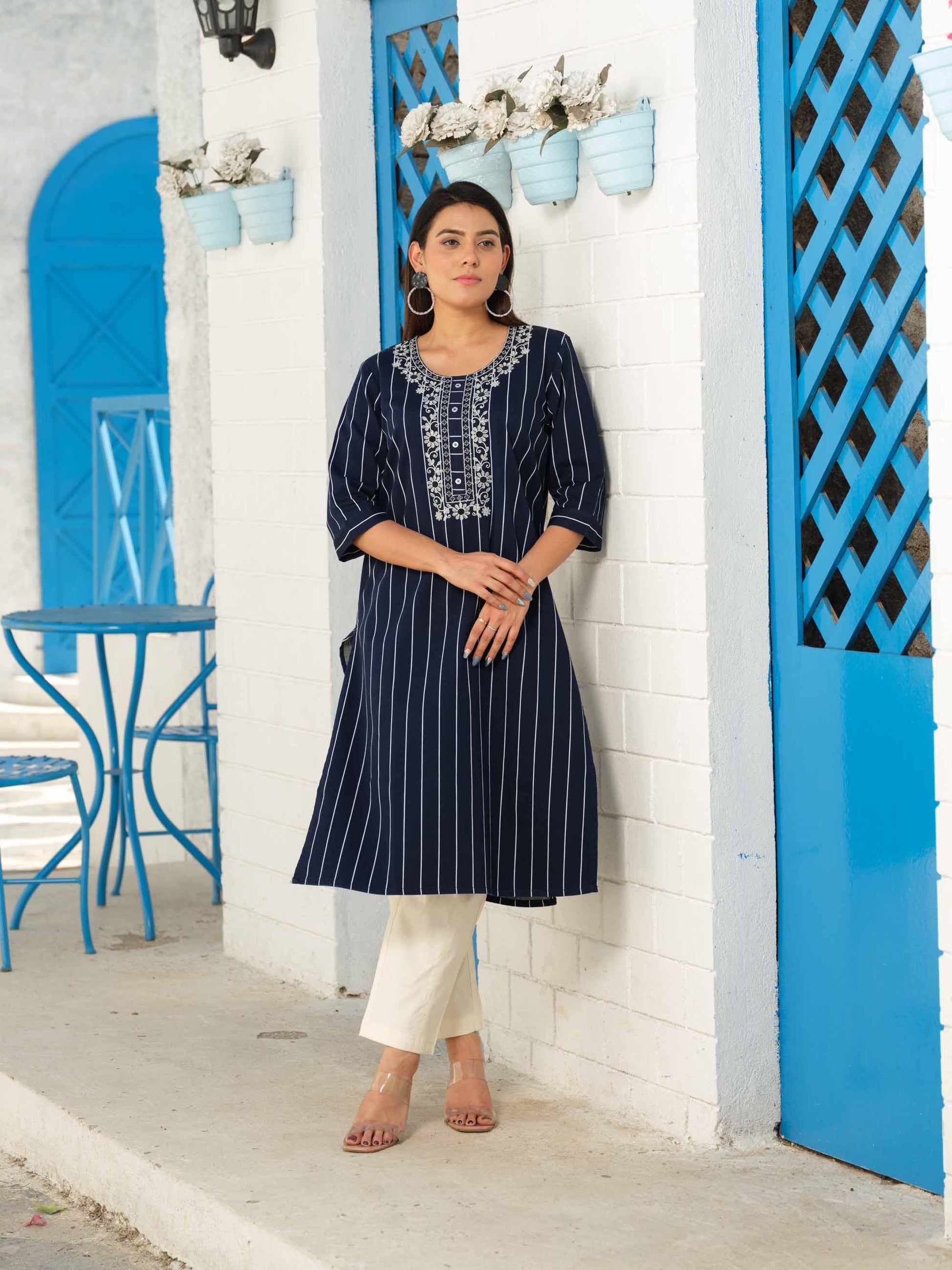 Denim stripe kurta with pocket details and embroidery - Etiquette Apparel 