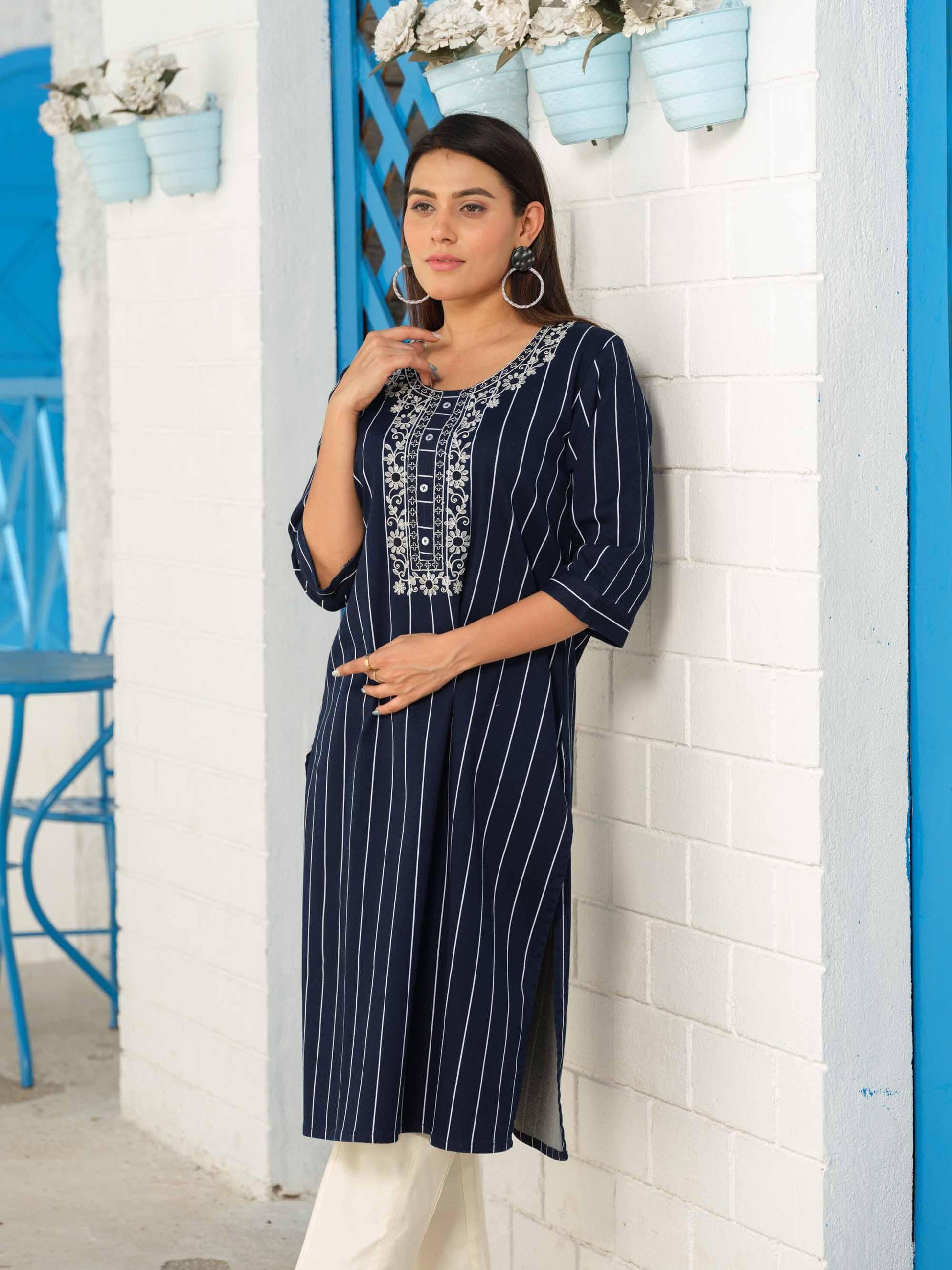 Denim stripe kurta with pocket details and embroidery - Etiquette Apparel 