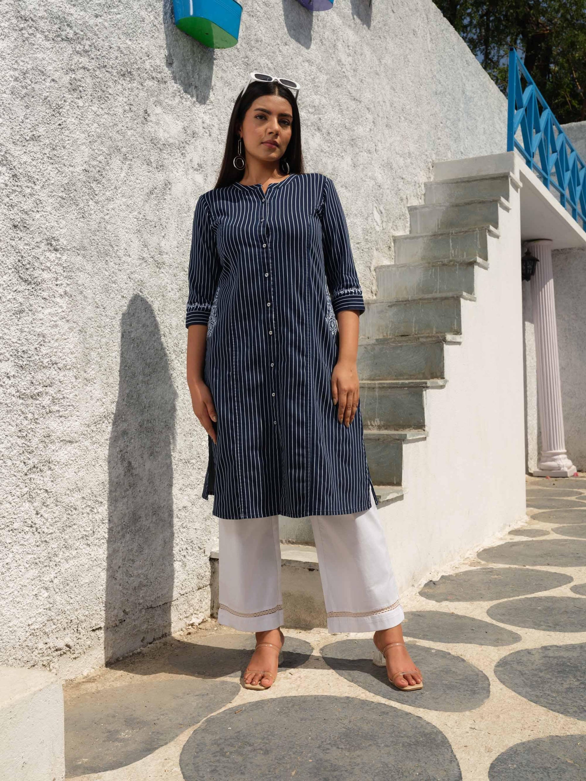 Denim stripe kurta with pocket details and embroidery - Etiquette Apparel 