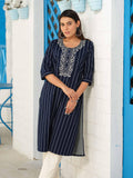 Denim stripe kurta with pocket details and embroidery - Etiquette Apparel 