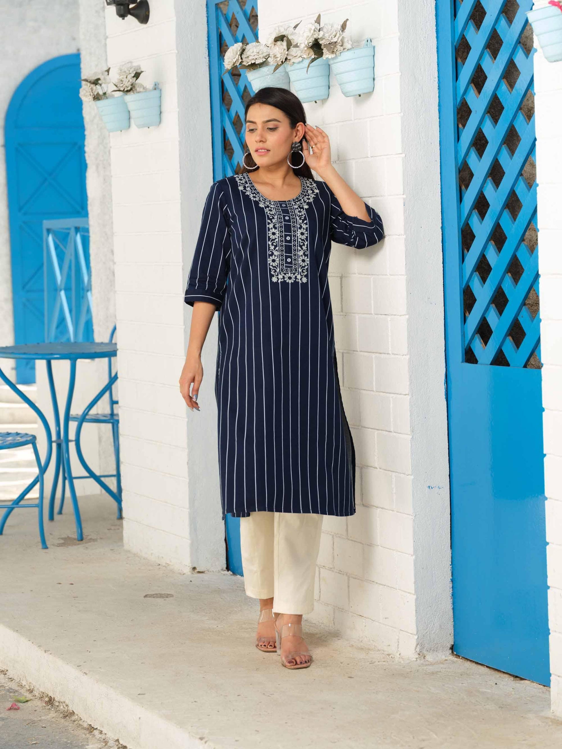 Denim stripe kurta with pocket details and embroidery - Etiquette Apparel 