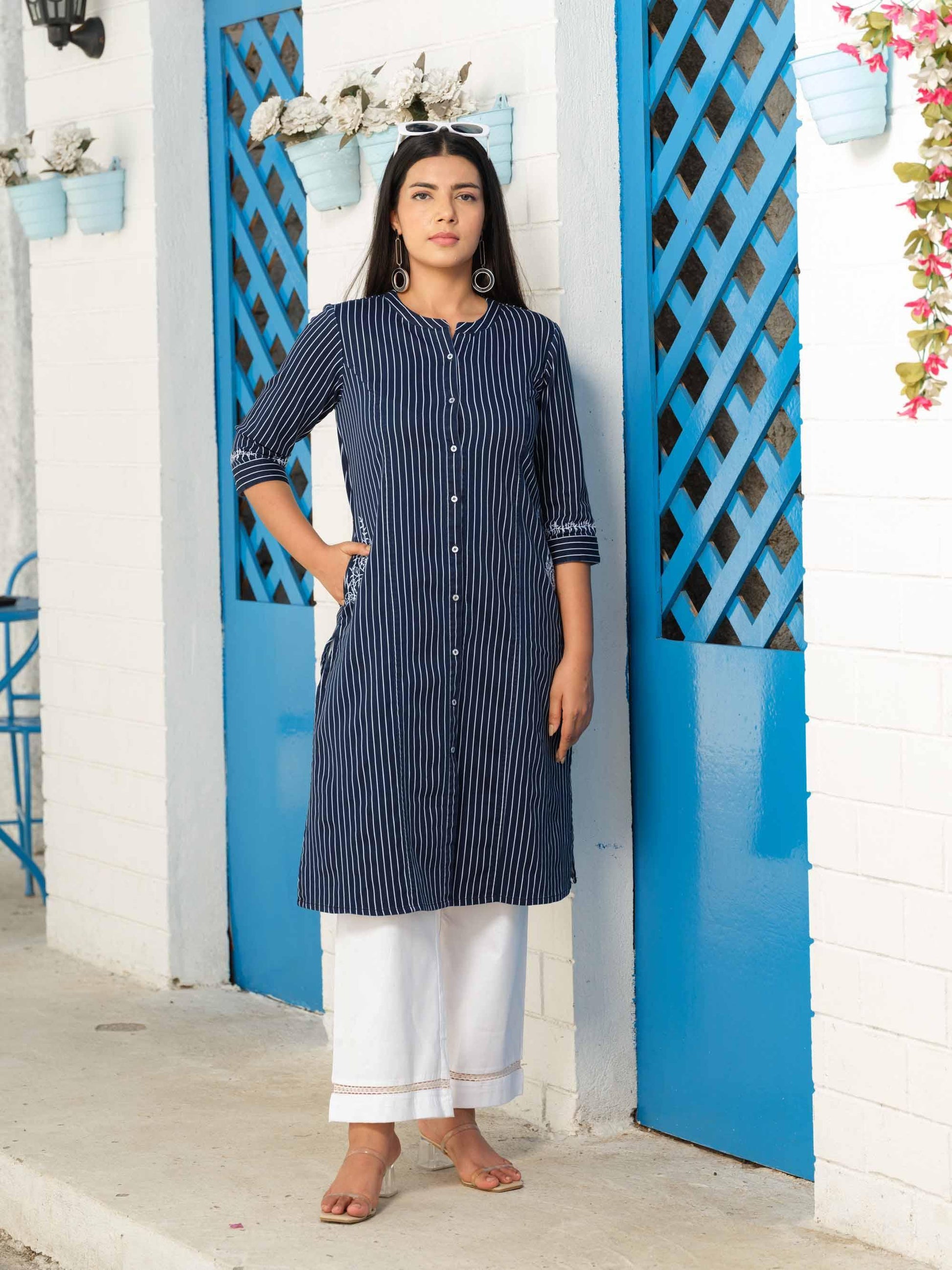 Denim stripe kurta with pocket details and embroidery - Etiquette Apparel 