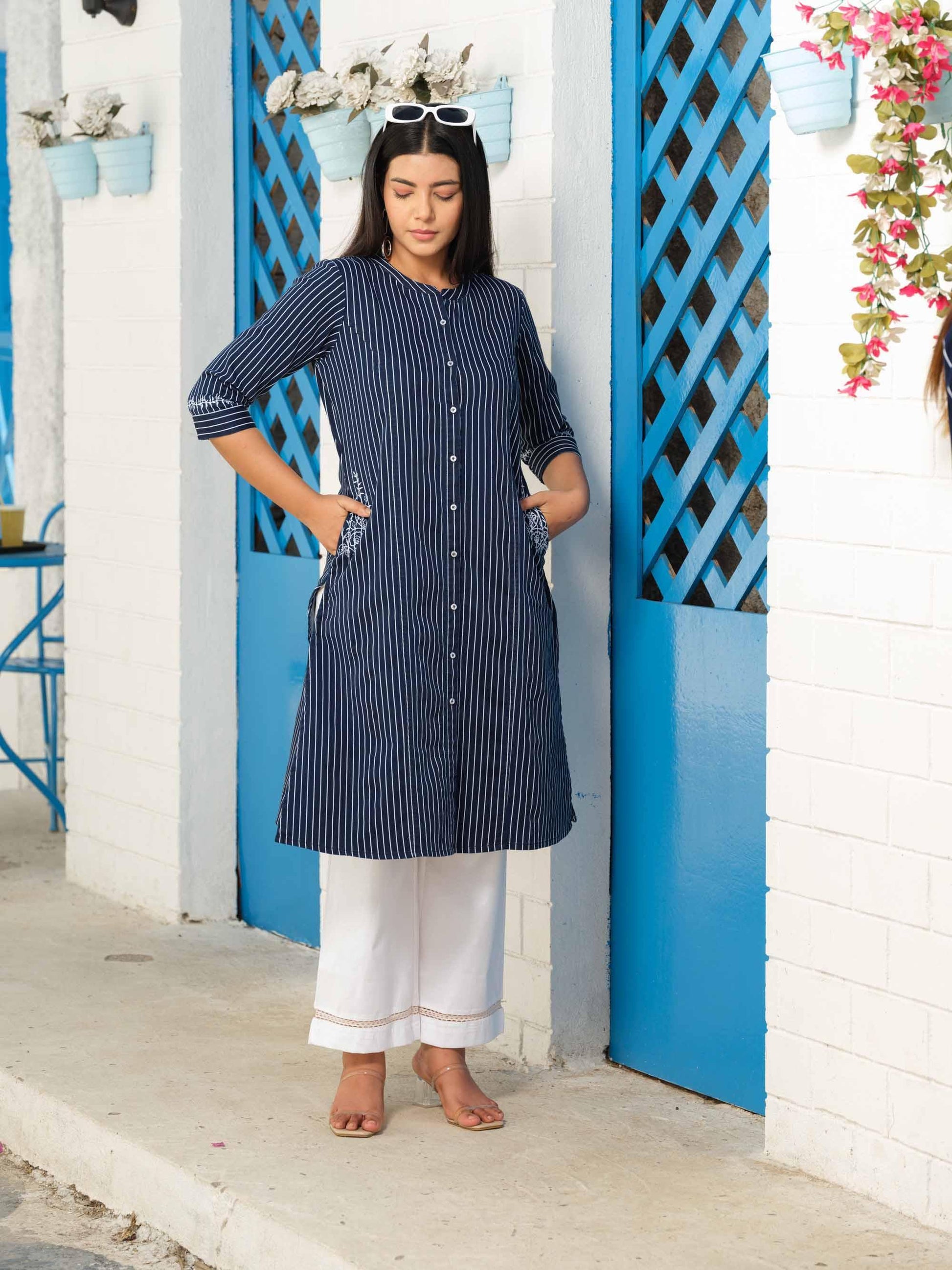 Denim stripe kurta with pocket details and embroidery - Etiquette Apparel 