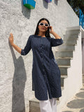 Denim stripe kurta with pocket details and embroidery - Etiquette Apparel 