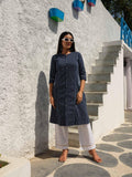 Denim stripe kurta with pocket details and embroidery - Etiquette Apparel 