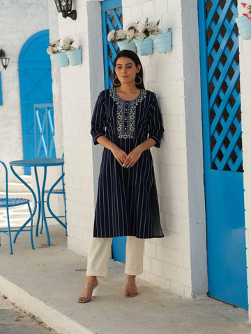 Denim stripe kurta with pocket details and embroidery - Etiquette Apparel 