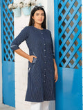 Denim stripe kurta with pocket details and embroidery - Etiquette Apparel 