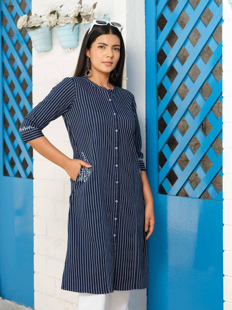 Denim stripe kurta with pocket details and embroidery Etiquette Apparel
