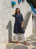 Denim stripe kurta with pocket details and embroidery - Etiquette Apparel 