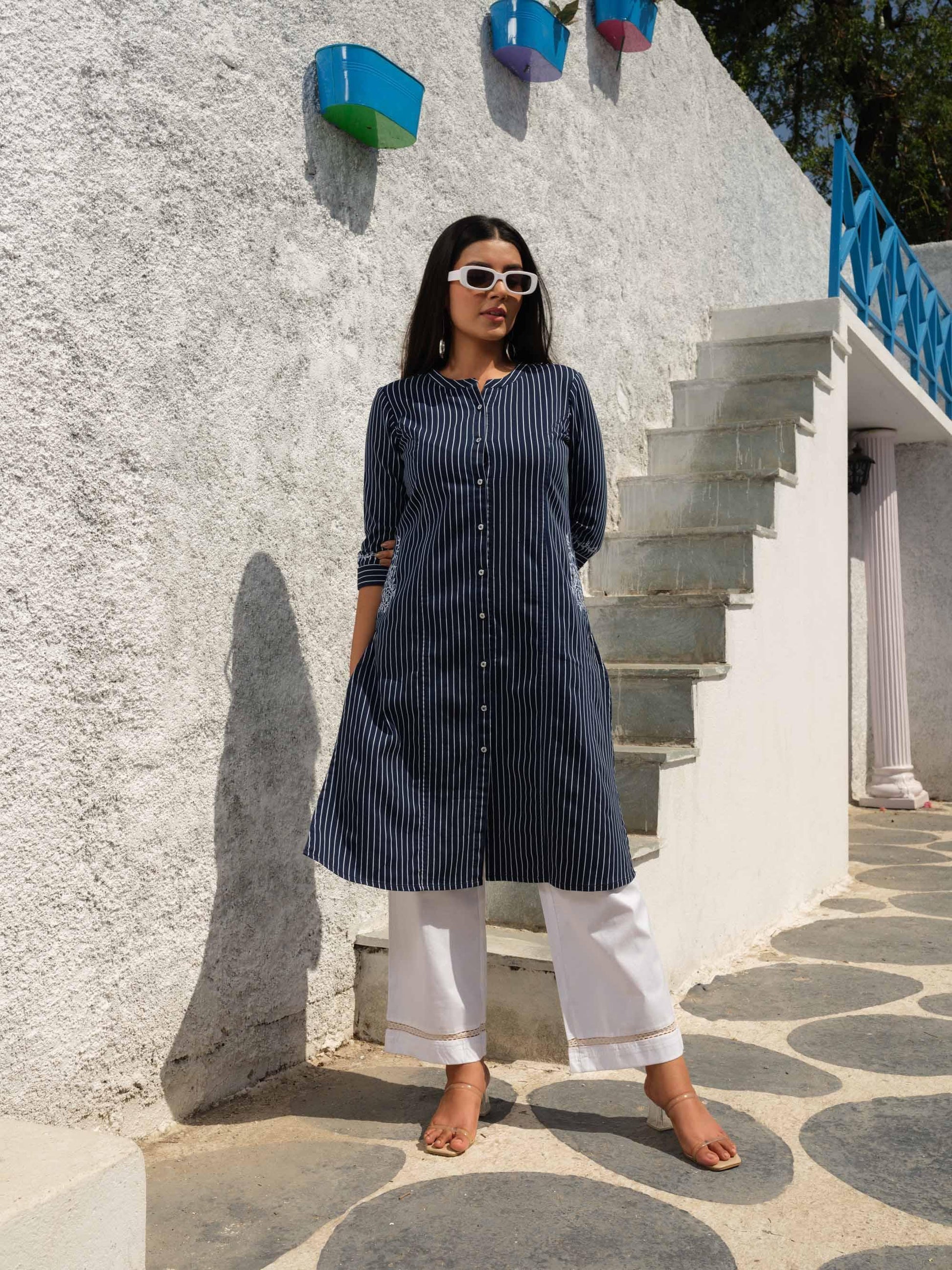 Denim stripe kurta with pocket details and embroidery - Etiquette Apparel 