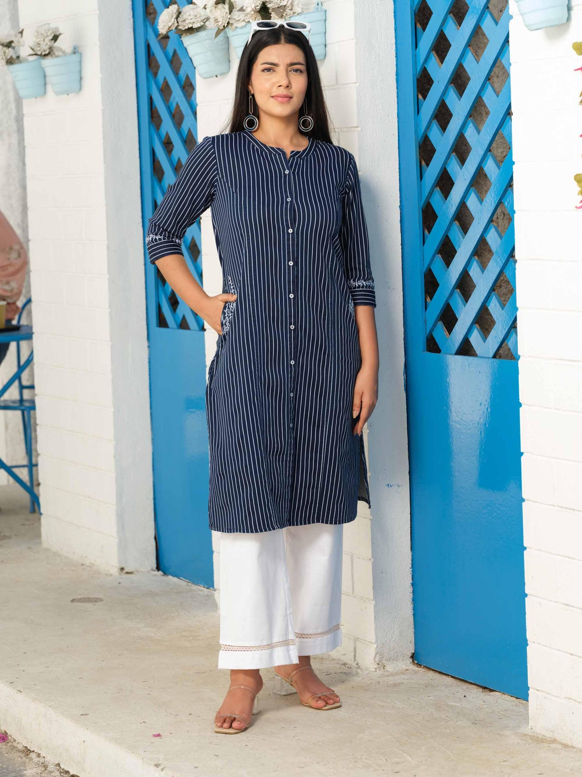 Denim stripe kurta with pocket details and embroidery - Etiquette Apparel 