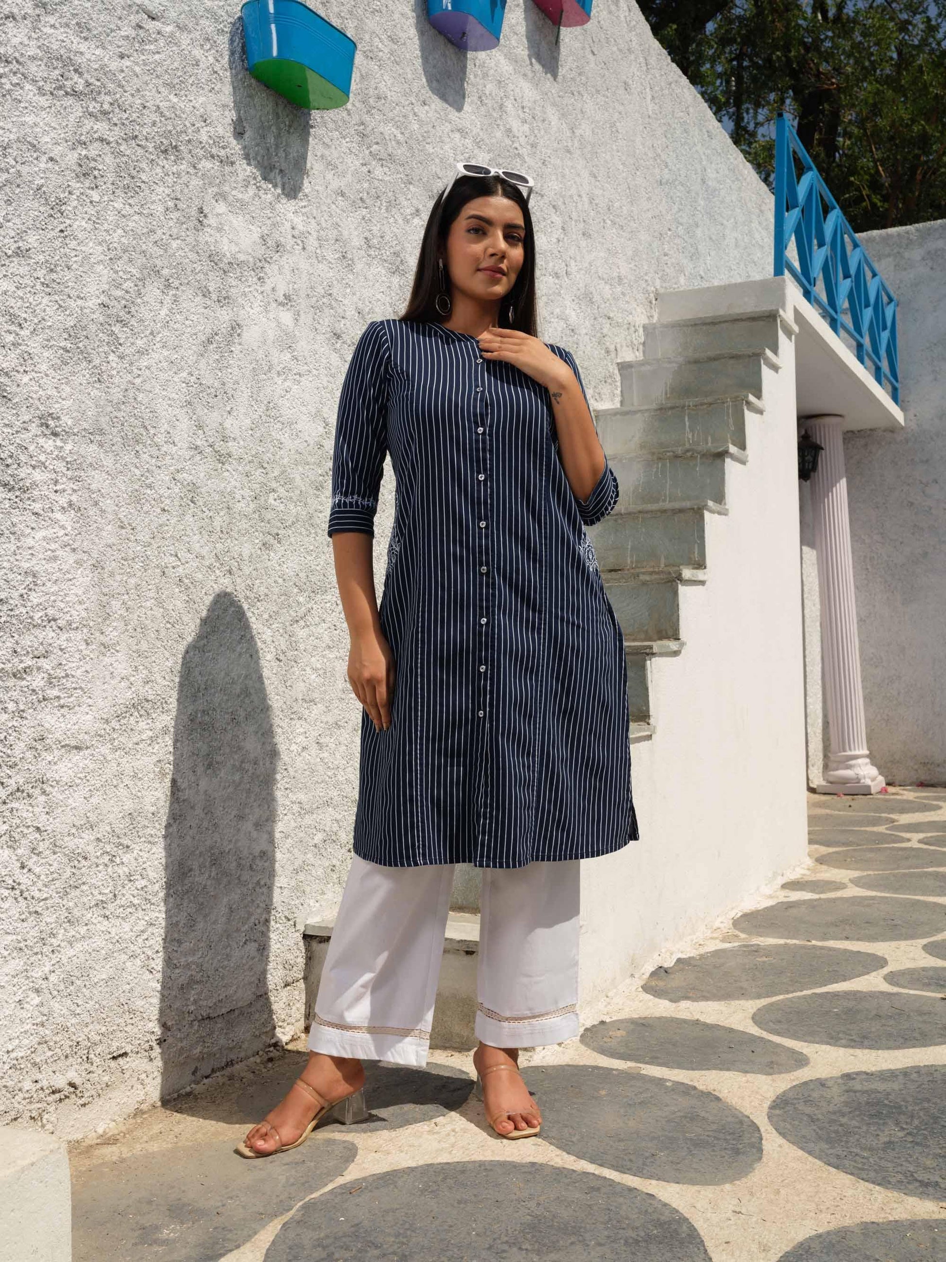 Denim stripe kurta with pocket details and embroidery - Etiquette Apparel 