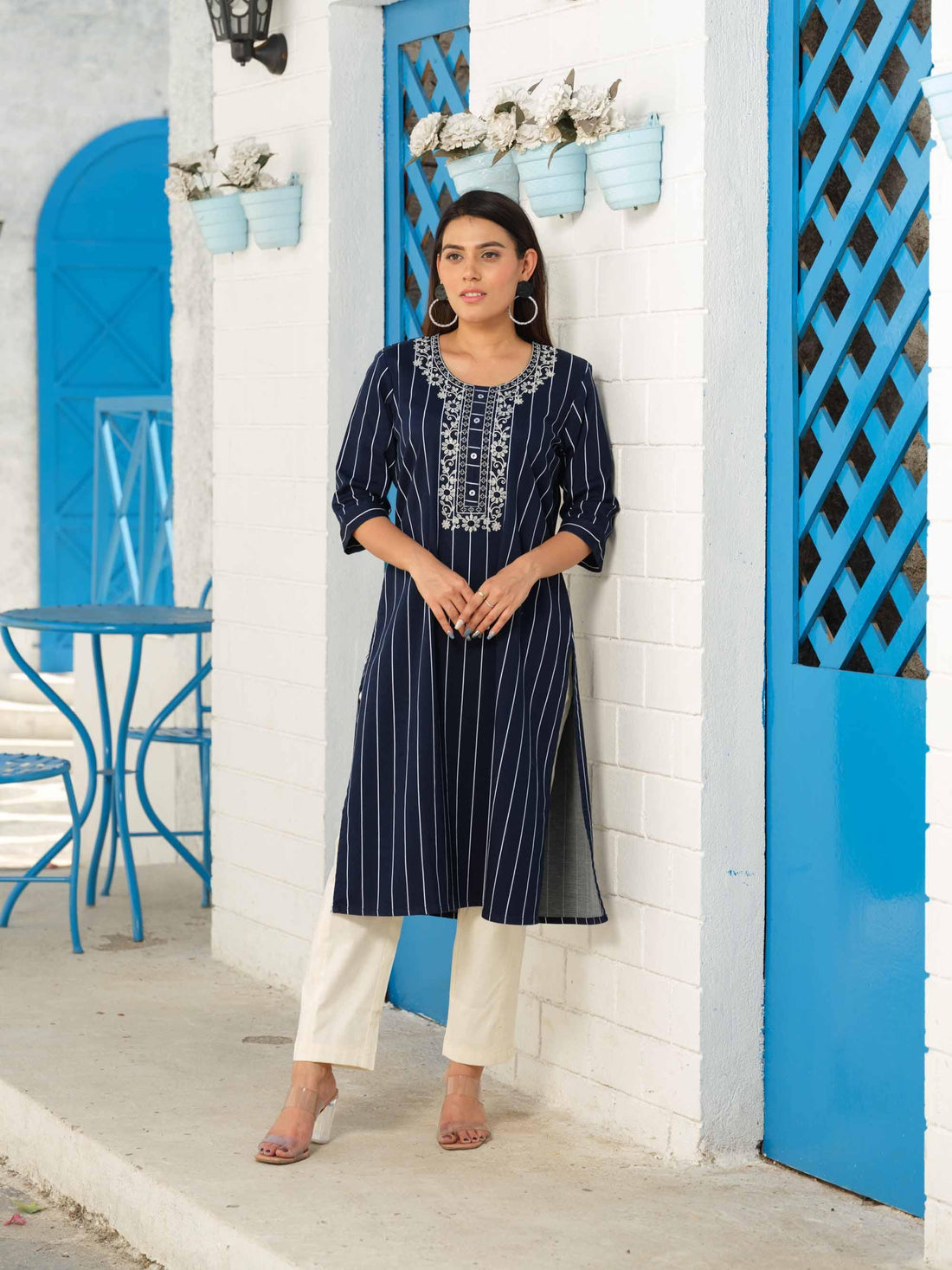 Denim stripe kurta with pocket details and embroidery Etiquette Apparel