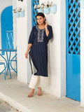 Denim stripe kurta with pocket details and embroidery - Etiquette Apparel 