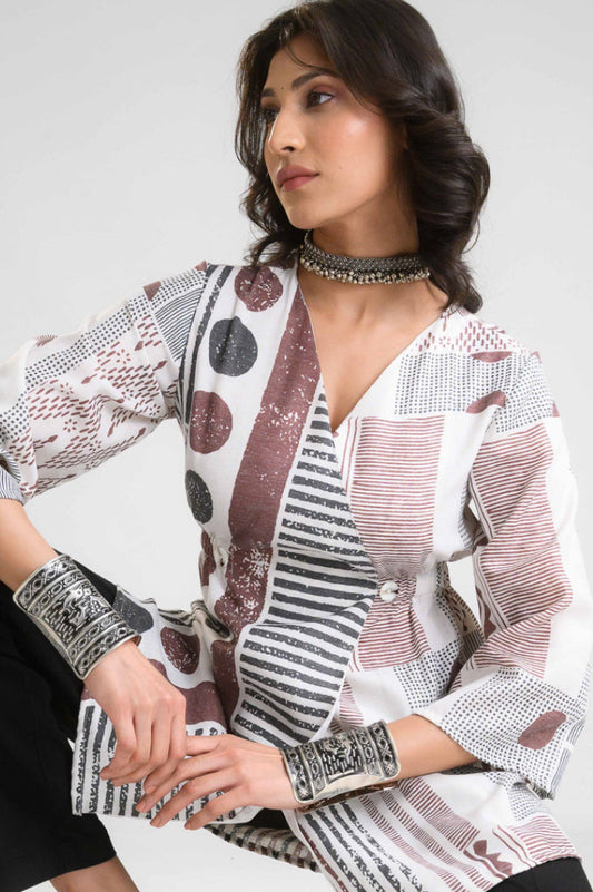 Geometric Print Overlap Top - Etiquette Apparel