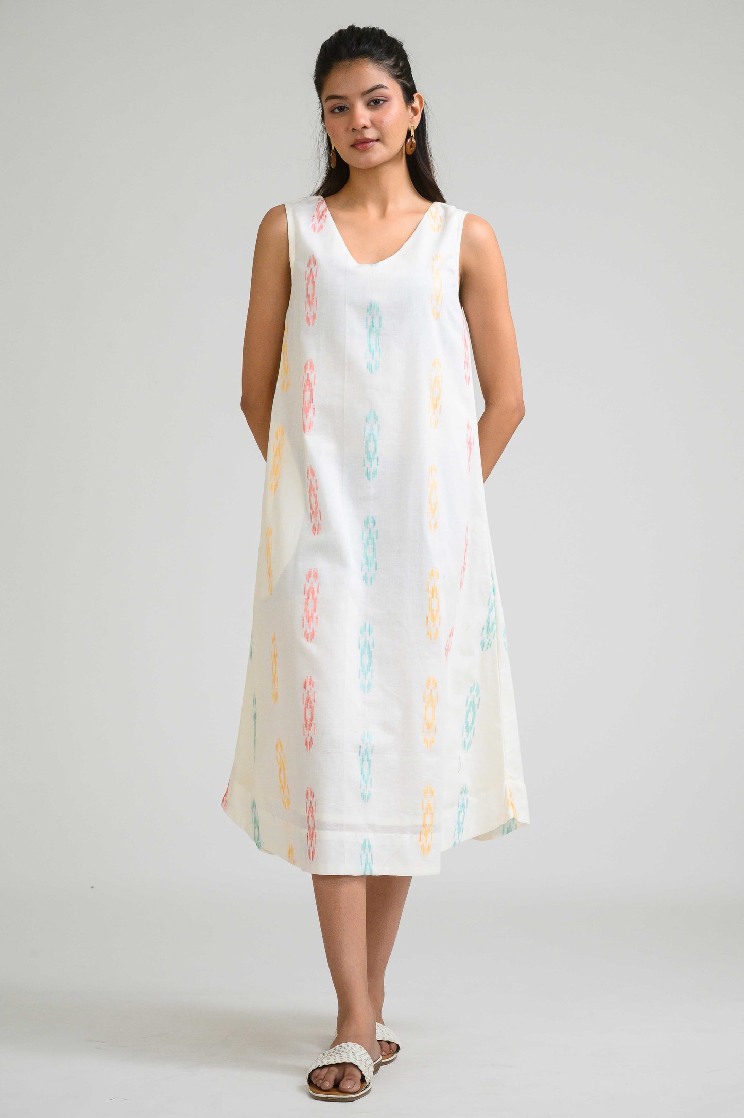 Off White Ikat Elegance Sleeveless Dress - Etiquette Apparel