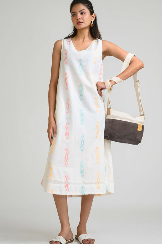 Off White Ikat Elegance Sleeveless Dress - Etiquette Apparel